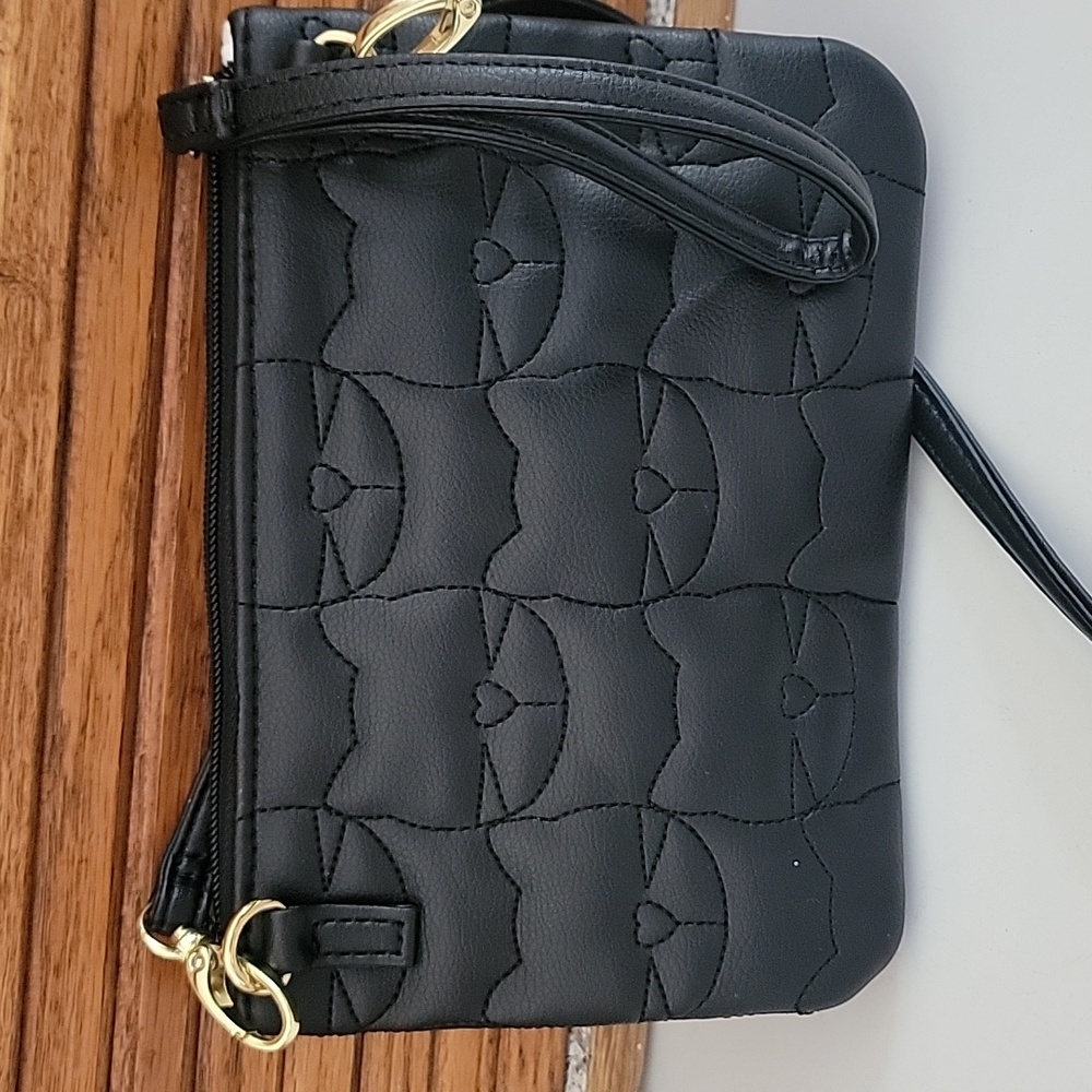 BETSEY JOHNSON LUV Black Cat-Embossed Crossbody Bag purse Wristlet - Picture 2 of 5